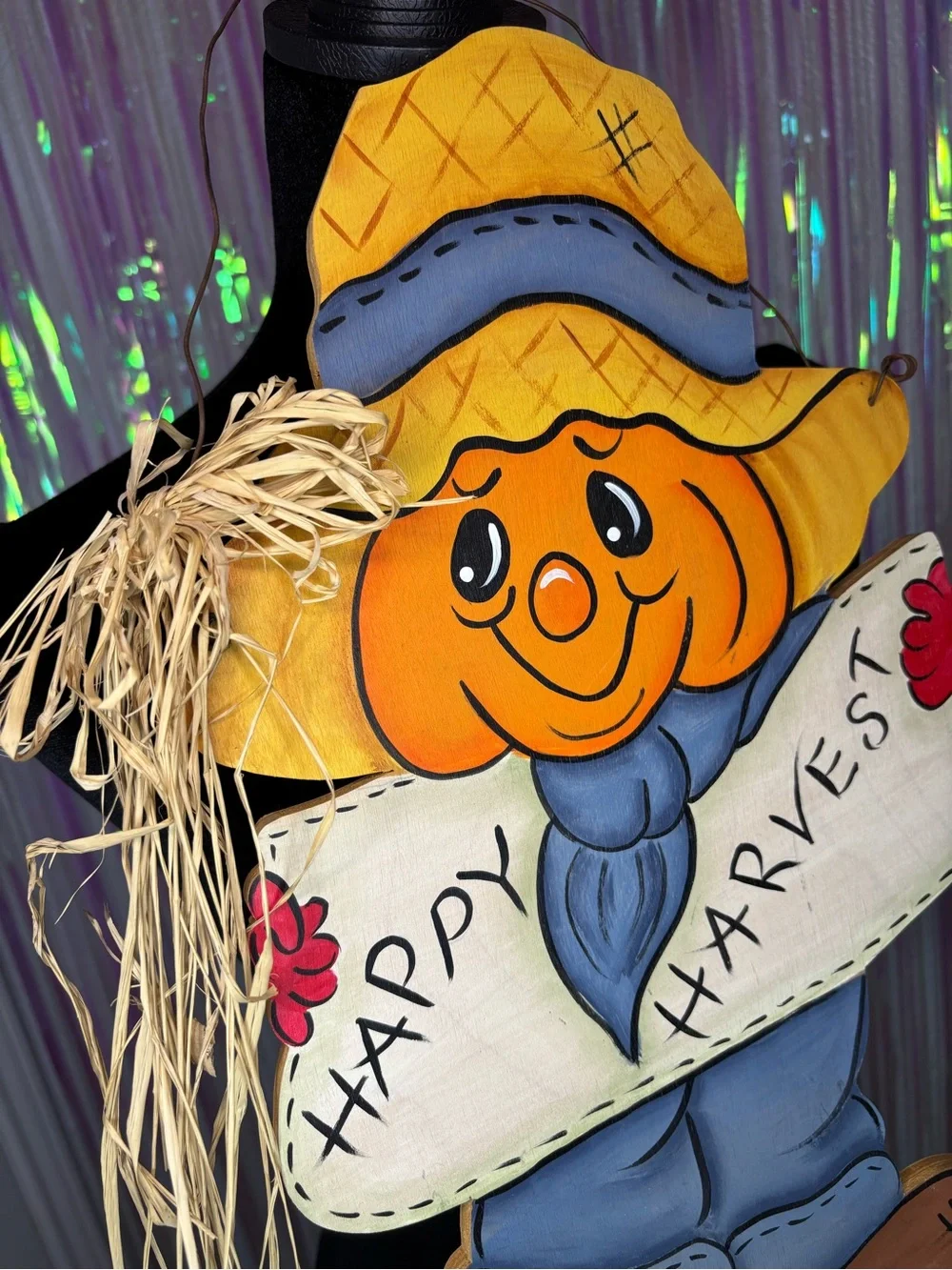 Door Hanger Happy Harvest Pumpkin Scarecrow Wreath Sign W/ Raffia Straw Detail